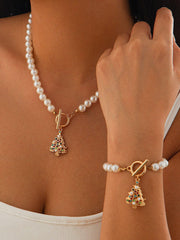 Conjunto de collar de regalo navideño con perlas y árbol de Navidad