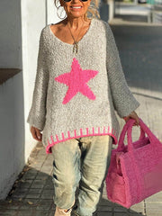 Suéter holgado con textura cálida y estampado de estrellas para día de invierno con colores contrastantes