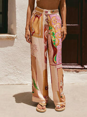 Casual Retro Print Lace Trim Pocket Wide Leg Pants