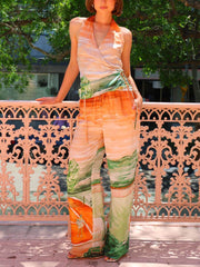 Unique Ethnic Print Tie Detail Loose Wide-Leg Pants