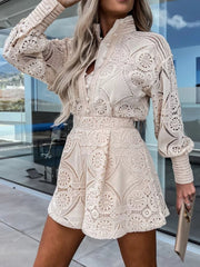 Lace Button Detail Long Sleeve Top and Shorts Set