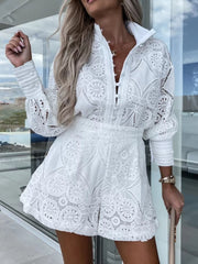 Lace Button Detail Long Sleeve Top and Shorts Set