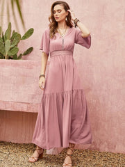 Mauve Boho Maxi Dress Flutter Sleeve Tiered Summer Dress with Smocked Waist