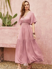Mauve Boho Maxi Dress Flutter Sleeve Tiered Summer Dress with Smocked Waist
