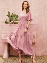 Mauve Boho Maxi Dress Flutter Sleeve Tiered Summer Dress with Smocked Waist