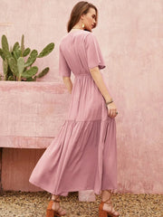 Mauve Boho Maxi Dress Flutter Sleeve Tiered Summer Dress with Smocked Waist