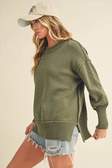 Ribbed Hem Side Slit Round Neck Sweater
