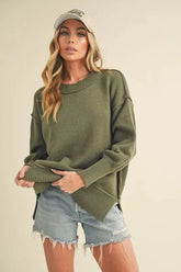 Ribbed Hem Side Slit Round Neck Sweater