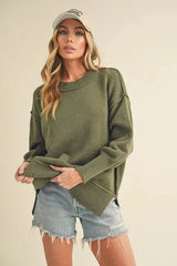 Ribbed Hem Side Slit Round Neck Sweater