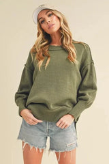 Ribbed Hem Side Slit Round Neck Sweater