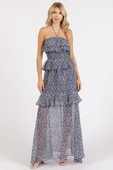 Ruffled Smocked Floral Halter Neck Maxi Dress