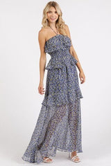 Ruffled Smocked Floral Halter Neck Maxi Dress