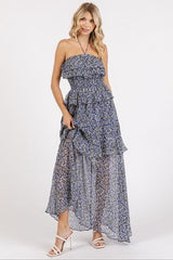 Ruffled Smocked Floral Halter Neck Maxi Dress
