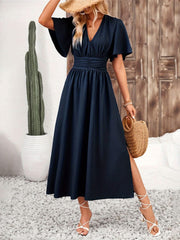 Side Slit Surplice Flutter Sleeve Midi Dress Elegant & Effortless