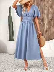 Side Slit Surplice Flutter Sleeve Midi Dress Elegant & Effortless