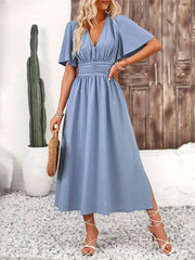 Side Slit Surplice Flutter Sleeve Midi Dress Elegant & Effortless