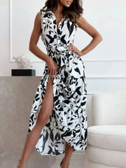 Sleeveless Tie Waist Printed Dress