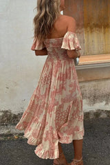 Smocked Off-Shoulder Floral Printed Midi Dress