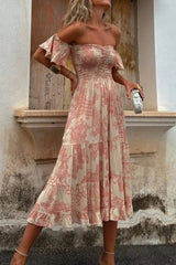 Smocked Off-Shoulder Floral Printed Midi Dress