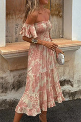 Smocked Off-Shoulder Floral Printed Midi Dress