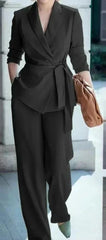 Sophisticated Lapel Neck Blazer Wide Leg Pants Suit for Professionals
