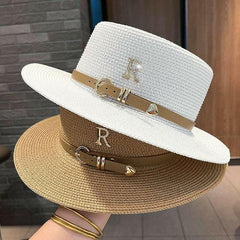 Spring Straw Hat with Letter R Buckle
