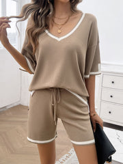 Summer Time Ready Contrast Trim V-Neck Top and Shorts Set