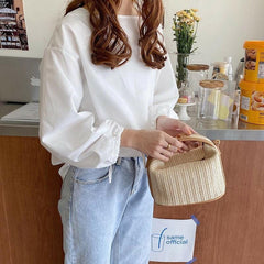 Summer Time Straw Bucket Tote with Polyester Lining