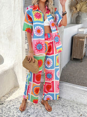 Super Cool Printed Collared Neck Half Sleeve Top and Pants Set