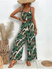 Tropical Print Spaghetti Strap Wide Leg Jumpsuit