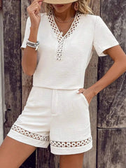 V Neck Short Sleeve Top and Shorts Set