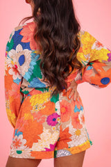 Vacation Time Printed Button Up Long Sleeve Top and Shorts Set