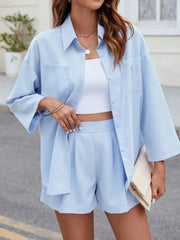 Versatile and Cool: Button-Up Long Sleeve Top with Shorts