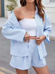 Versatile and Cool: Button-Up Long Sleeve Top with Shorts