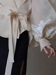 Vintage Style Organza Women's Blouse with Lapel Collar, Lace-Up Detail, and Bow