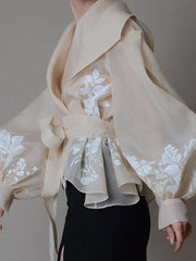 Vintage Style Organza Women's Blouse with Lapel Collar, Lace-Up Detail, and Bow