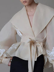 Vintage Style Organza Women's Blouse with Lapel Collar, Lace-Up Detail, and Bow