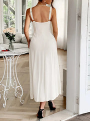 White Midi Dress with Black Piping Square Neck & Fit-and-Flare Silhouette