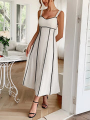 White Midi Dress with Black Piping Square Neck & Fit-and-Flare Silhouette