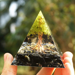 Peridot & Obsidian Tree of Life Orgone Pyramid