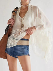 Women's Boho Sheer Lace Blouse with Bell Sleeves