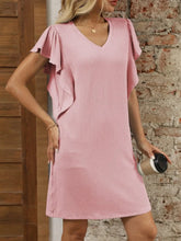 Women's Casual Flutter Sleeve Knit Dress Ribbed V-Neck in Soft Pink