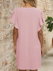 Women's Casual Flutter Sleeve Knit Dress Ribbed V-Neck in Soft Pink