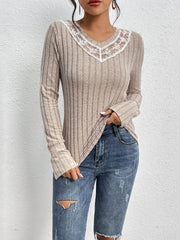 Women's Lace Trim Ribbed V-Neck Long Sleeve Top