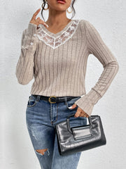 Women's Lace Trim Ribbed V-Neck Long Sleeve Top