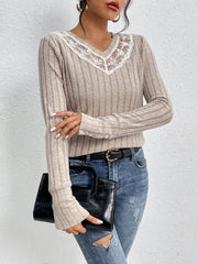 Women's Lace Trim Ribbed V-Neck Long Sleeve Top