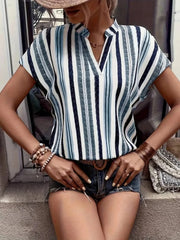 Women's Striped V-Neck Blouse with Cap Sleeves