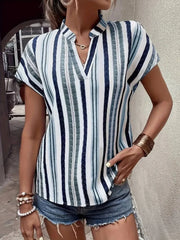 Women's Striped V-Neck Blouse with Cap Sleeves