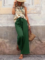 Women's Tropical Halter Top & High-Waisted Wide Leg Pants