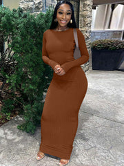 Long Sleeve Bodycon Ribbed Knit Maxi Dresses